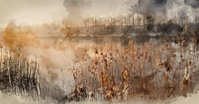 Digital Watercolor Painting Of Landscape Of Lake In Mist With Sun Glow At Sunrise