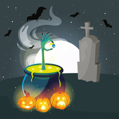 Sticker - cauldron bubbly of witch in cemetery scene