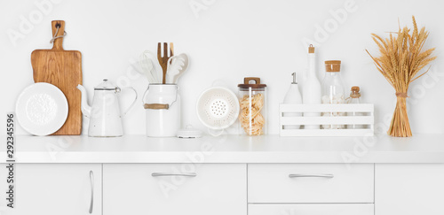 Fotomural Front view on kitchen counter with baking utensils and ingredients