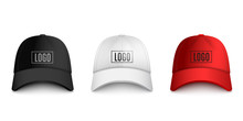 Realistic Baseball Cap Front View Mockup Set With Text Logo Template.