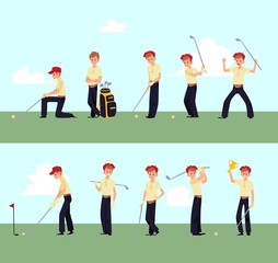 Golfer man standing in different poses, cartoon character holding golf club