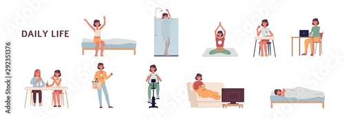 Fotografía Daily life of a woman set - cartoon girl on her everyday routine