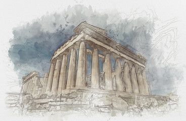  abstrakte Illustration der Athener Akropolis mit Wasserfarben