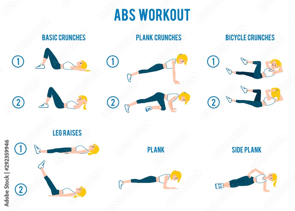 Set of exercises for step by step training, fitness and abs workout with woman.