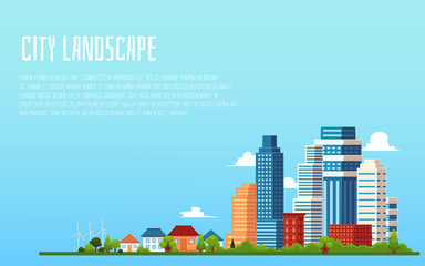 City landscape banner with blank copy space - flat cartoon cityscape