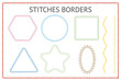Set of seamless stitch borders of different shapes vector illustration isolated.