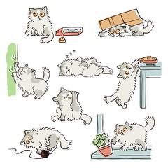 Bad behavior of playful naughty cat sketch vector illustrations set isolated.