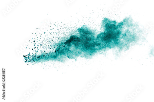 Green color powder explosion cloud on white background. Green dust splash.