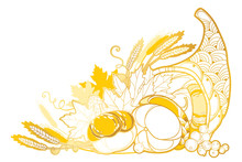 Outline Golden Cornucopia Or Horn Of Plenty Full Of Pumpkin, Berry, Wheat And Maple Leaf Isolated On White Background.
