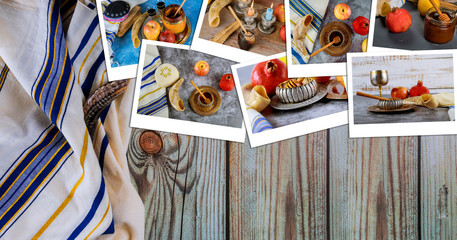 Wall Mural - Shofar and tallit with glass honey and fresh ripe apples. Jewish new year symbols. Rosh hashanah photo collage