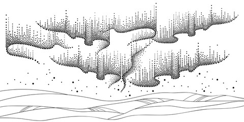 panorama of polar sky with northern or polar light in black isolated on white background.