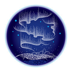 Wall Mural - round composition with aurora borealis lights in dotwork style on the night background for arctic sp