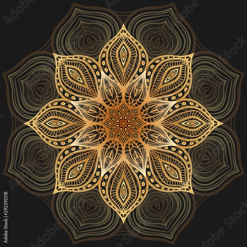 Golden floral circular pattern on black background Canvas Print