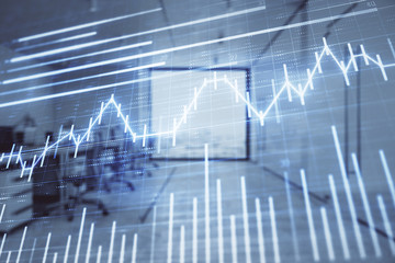 Stock market chart with trading desk bank office interior on background. Double exposure. Concept of financial analysis