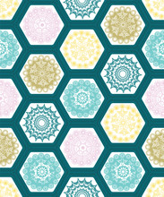 Creative Hexagon Doily Crochet Patchwork Seamless Pattern Background Design.Vector Illustration.