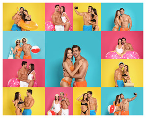 Poster - Collage of beautiful young woman in bikini with her boyfriend on color backgrounds. Lovely couple