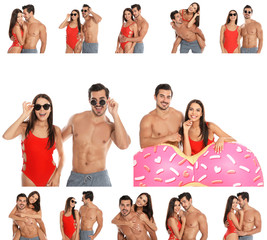 Poster - Collage of beautiful young woman in bikini with her boyfriend on white background. Lovely couple