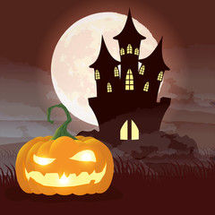 Poster - halloween dark night scene with pumpkin and castle