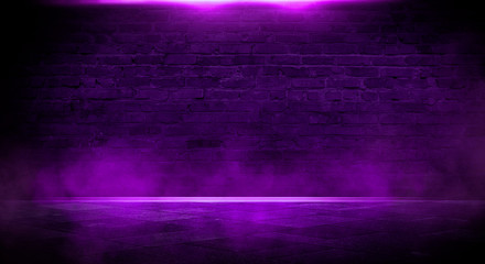 Wall Mural - Background of an empty corridor with brick walls and neon light. Brick walls, neon rays and glow. Ultraviolet background of empty foggy street with wet asphalt, illuminated by a searchlight.