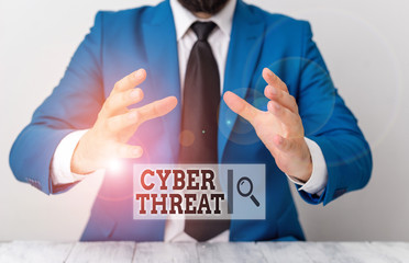 Poster - Handwriting text writing Cyber Threat. Conceptual photo has a potential to cause serious harm to a computer system Man holds empty paper with copy space in front of him Space