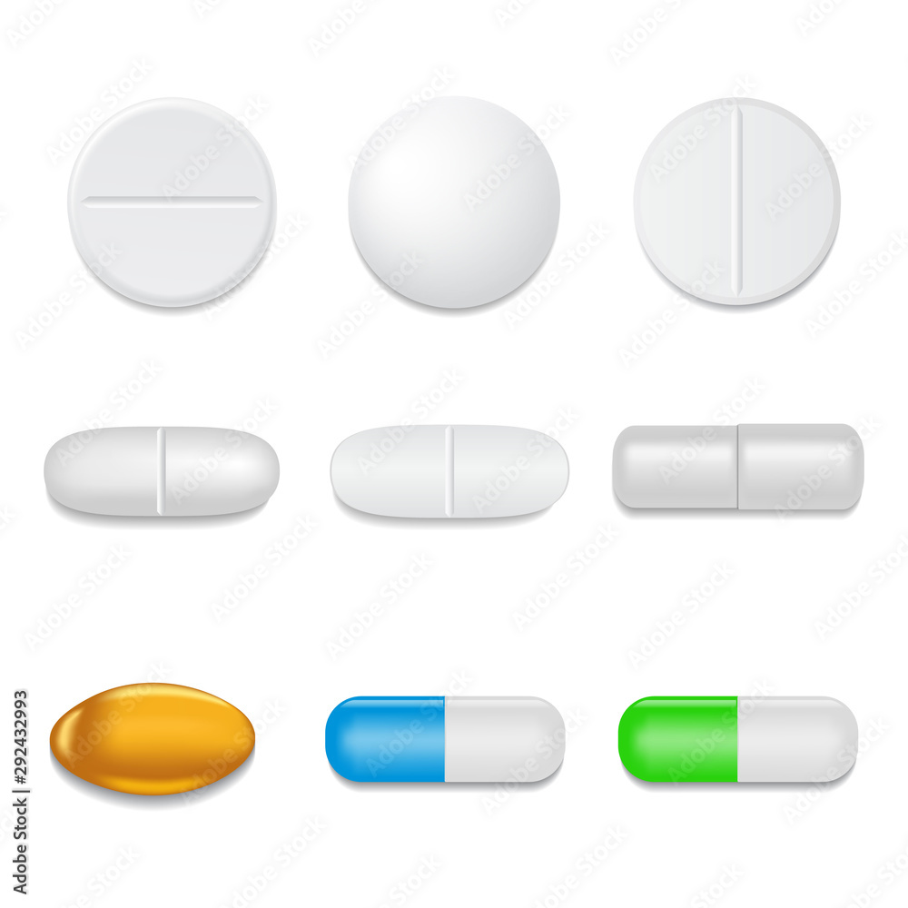 3d realistic white medical pill or tablet on isolated background. Set of medical round pill and capsules in mockup style. Medical and healthcare concept. vector illustration - obrazy, fototapety, plakaty 