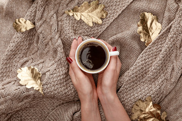 Wall Mural - partial view of woman holding mug with coffee on knitted brown sweater with golden leaves