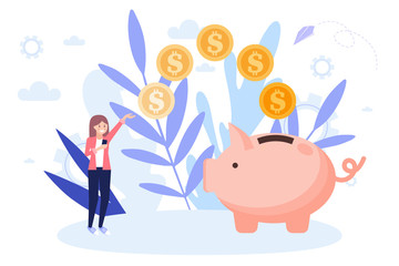 Saving money concept, piggy bank with coins, girl holding coin. Flat vector illustration isolated on white background. Can use for web banner, infographics, web page.