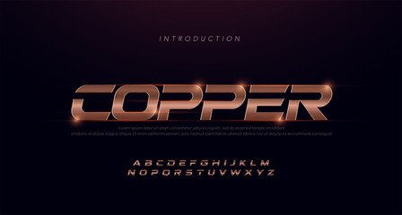 Sport Modern Italic Alphabet copper Font. Typography 3D stainless hairline copper fonts for technology, digital, movie, sport logo design. vector illustration