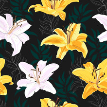 Lily Flower Seamless Pattern On Black Background, White And Yellow Lily Floral Vector Illustration