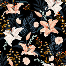 Lily Flower Seamless Pattern On Black Background With Floral, White Lily Floral Vector Illustration