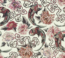  Piękny modny japoński wzór w stylu tatuażu. Bezszwowa tapeta z azjatyckimi kwiatami i koi