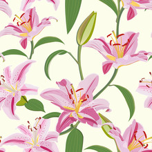 Lily Flower Seamless Pattern On White Background, Pink Lily Floral Vector Illustration