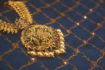 Canvas Print - Indian Traditional Antique Gold Necklace with Peacock Design