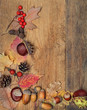 autumn background. Fall harvest season. acorns, leaf, nuts and cones on rustic wooden table. autumn holiday, thanksgiving concept. soft selective focus. close up.