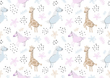 Seamless Pattern With Hand Drawn Animals: Horse,unicorn, Giraffe. Creative Childish Background. Perfect For Kids Apparel, Fabric, Textile, Nursery Decoration,wrapping Paper. Vector Illustration