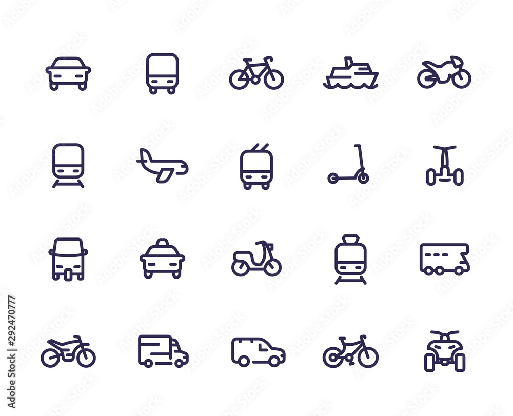 Transport line icons set, cars, train, airplane, van, bike, motorbike, bus, taxi, tuk tuk, quad bike, subway, public transportation - obrazy, fototapety, plakaty 