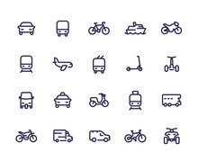 Transport Line Icons Set, Cars, Train, Airplane, Van, Bike, Motorbike, Bus, Taxi, Tuk Tuk, Quad Bike, Subway, Public Transportation