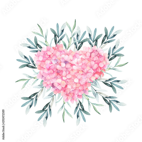 Floral greenery card. Template with eucalyptus branchs and hortensia. For wed...