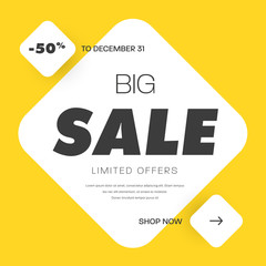 Poster - Vector yellow square shape banner with rounded rhombus, arrow button and 50% discount.