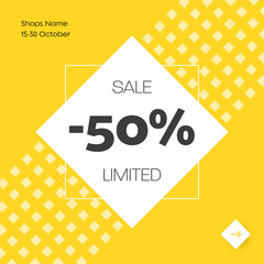 Poster - Design of a square yellow banner with an abstract pattern, a white rhombus, an arrow button and a 50% discount.
