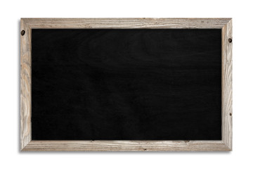Wall Mural - a black chalkboard on a white background and a wooden frame with clipping path . promotion and detai