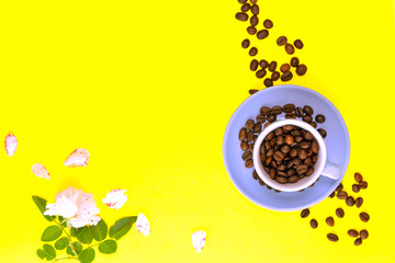 Coffee beans on a cup and a rose on the left on a yellow background