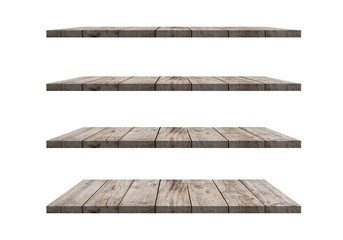 Wall Mural - a collection of brown wooden shelves on a white background that separates the objects. there are cli