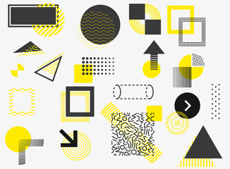 Poster - Universal trend halftone geometric shapes set juxtaposed with bright bold yellow elements composition. Design elements for Magazine, leaflet, billboard, sale