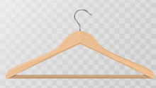 Realistic Vector Clothes Coat Wooden Hanger Close Up Isolated On Transparency Grid Background. Design Template, Clipart Or Mockup For Graphics, Advertising Etc