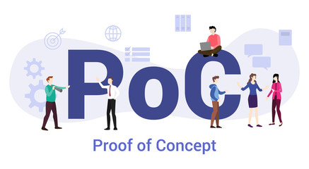 poc proof of concept with big word or text and team people with modern flat style - vector