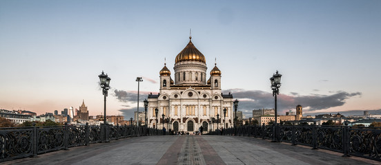 Cathedral of Christ the Saviour in Moscow, Russia. Amazing view on white orthodox temple with golden domes in the morning. Tours to Russia