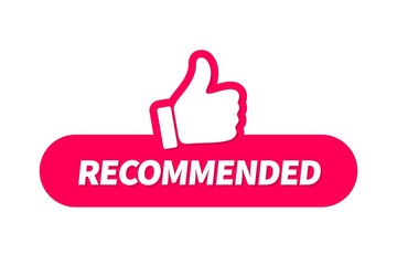 Poster - Banner recommended with thumb up. Red web push button with text recommended isolated on white background.