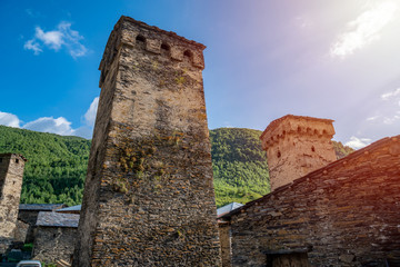 Traditional ancient Svan Towers in Ushguli village, Svaneti, Caucasus. Georgia. Travel.