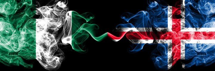 Nigeria vs Iceland, Icelandic abstract smoky mystic flags placed side by side. Thick colored silky smoke flags of Nigerian and Iceland, Icelandic